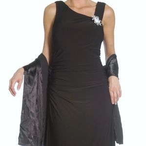 Draped Back Evening Gown with Rhinestone Brooch